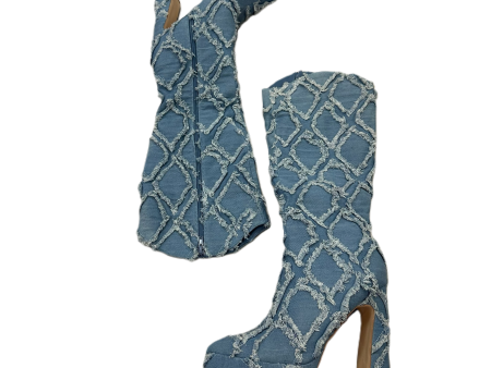 Boots Knee Heels By Fashion Nova In Blue Denim, Size: 8.5 For Sale